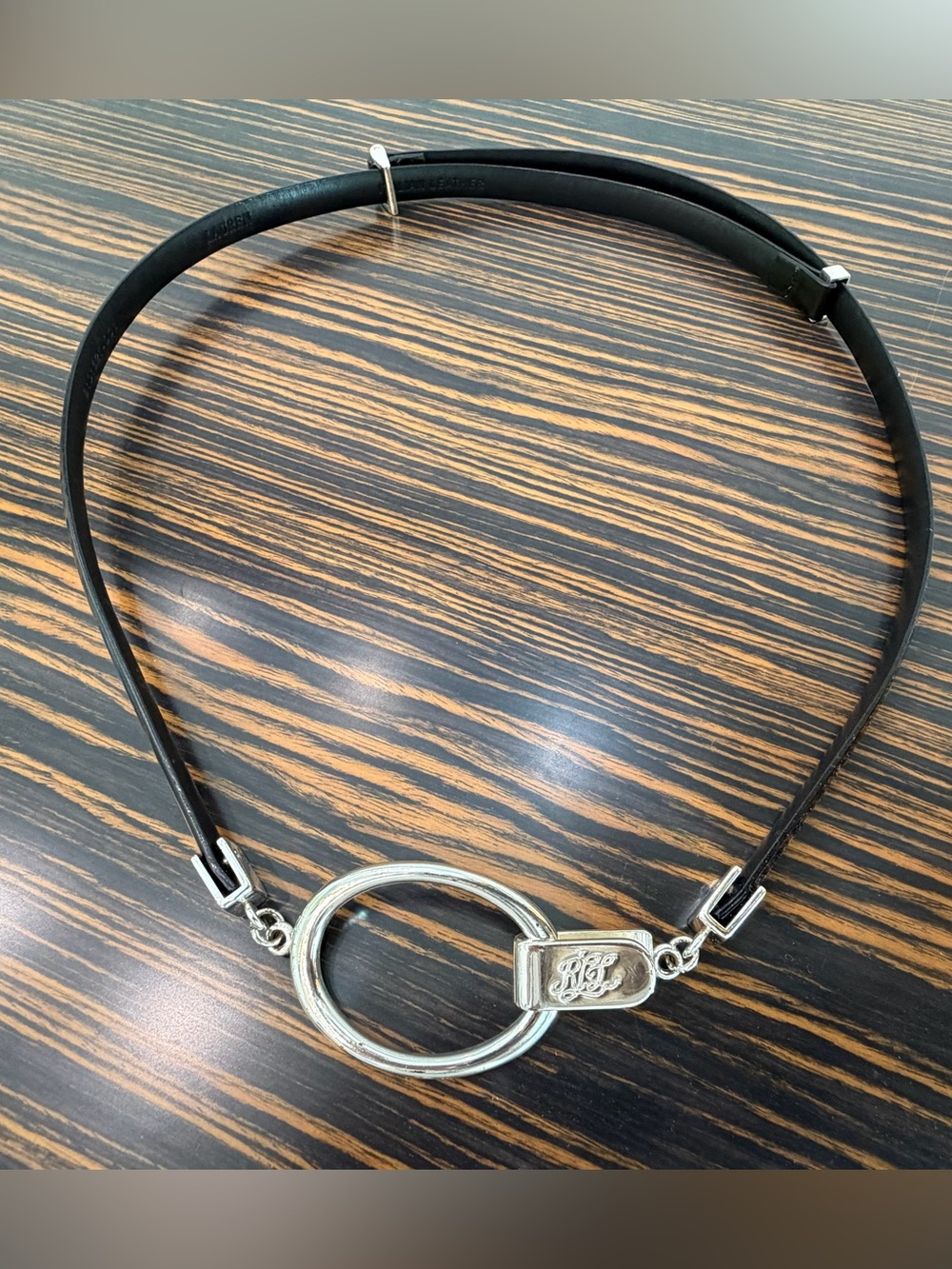 Beautiful Lauren Ralph Lauren Black Leather Adjustable Slider Belt, Silvertone